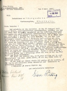 In 1948, Elsa Pittig wanted to travel to Sweden and needed Swedish money, something she hoped to earn by writing an article and sending it to the magazine Morgonbris (this was, however, not published). In the letter to the LMRR, she also offered, in return for money, to speak at meetings and inform the Swedish party comrades. (Source: Morgonbris)