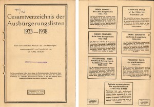 Listor, över personer som av inrikesministeriet hade blivit fråntagna sitt tyska medborgarskap under 1933-1938. Utdrag ur det statliga organet Reichsanzeiger publicerat av förlaget Pariser Tageszeitung. (Montage)