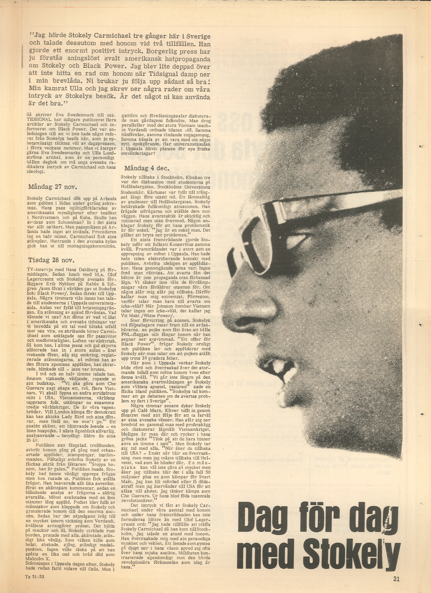 Artikel: Swedenmark, "Dag för dag med Stokely", i Tidsignal, 1967:51/52, s. 21