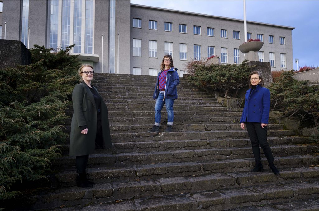 Kristín Svava Tómasdóttir, Erla Hulda Halldórsdóttir, Ragnheiður Kristjánsdóttir are authors standing in a stair. They are authors of the book "A Century of Women Voters".