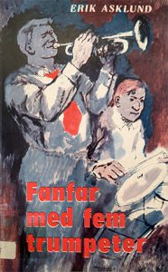 Blått och rött bokomslag till Fanfar med fem trumpeter av Erik Asklund.