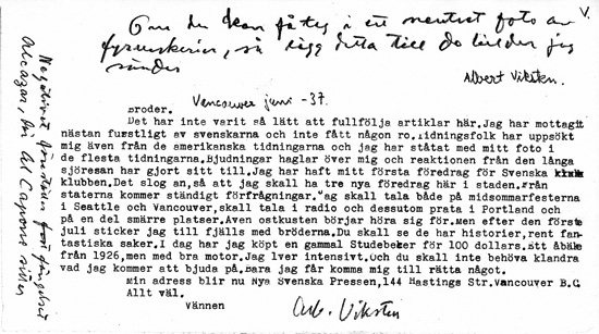 Brev till Ivar Öhman från Albert Viksten i Vancouver i juni 1937
