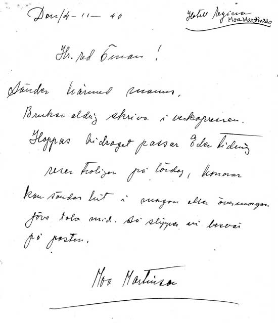Brev till Ivar Öhman från Moa Martinson 14 november 1940