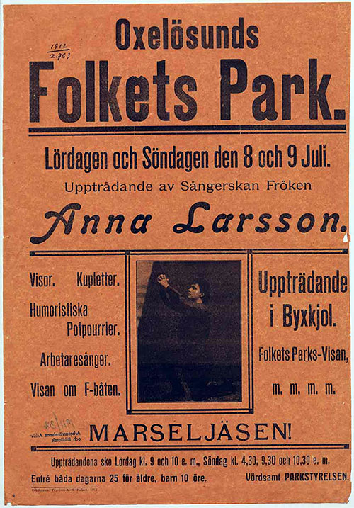 Affisch: Arbetarsångerskan Anna Larsson i Oxelösunds Folkets Park 1911